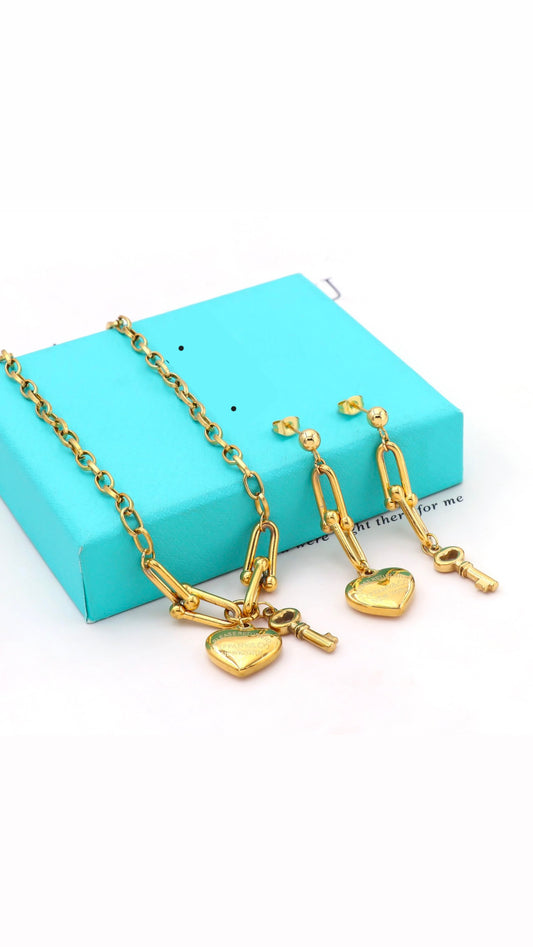 The T Key and Heart Necklace and Earings