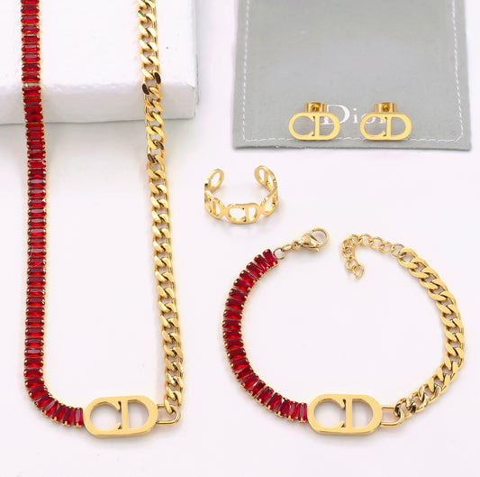 The CD Red and Gold Necklace,Earings,Bracelet and Ring set