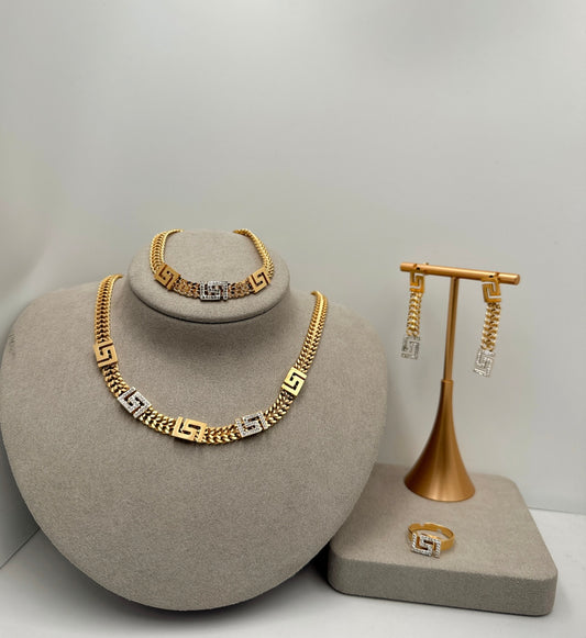 The Gold and White Necklace,Earing,Bracelet and Ring Set
