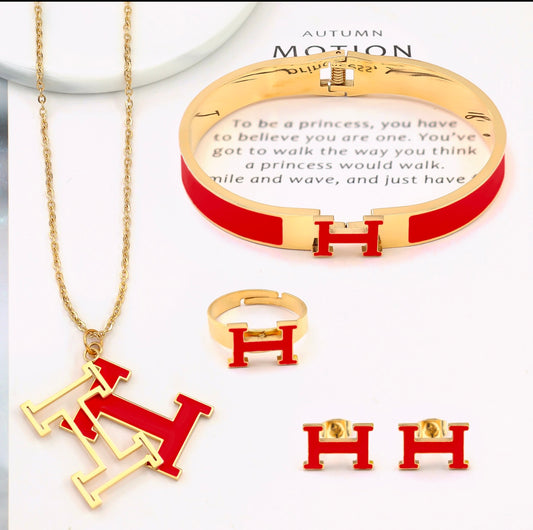Red H Necklace,Earings,Bracelet and Ring Set