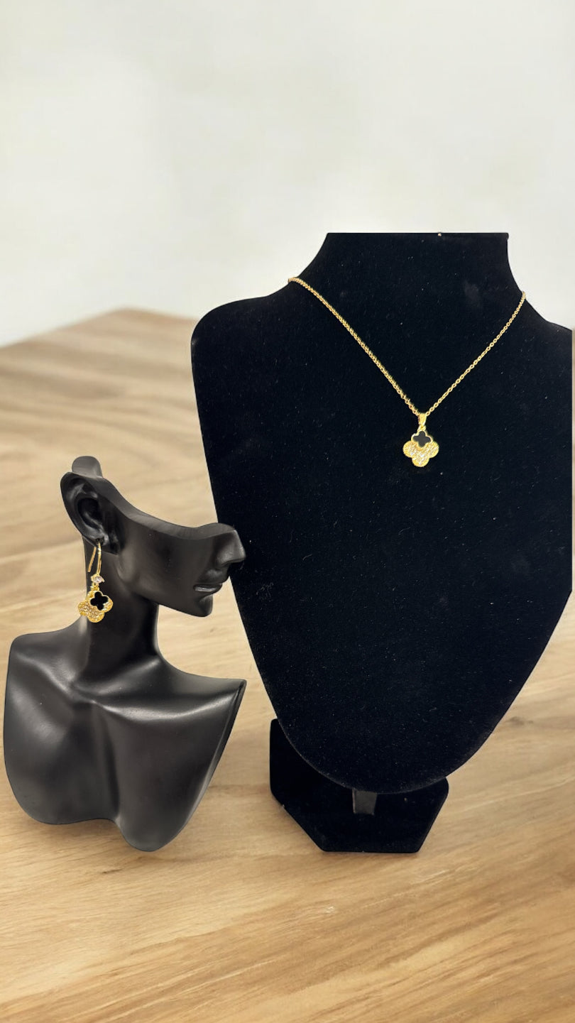 Black and Golden Clover Necklace and Earings Set