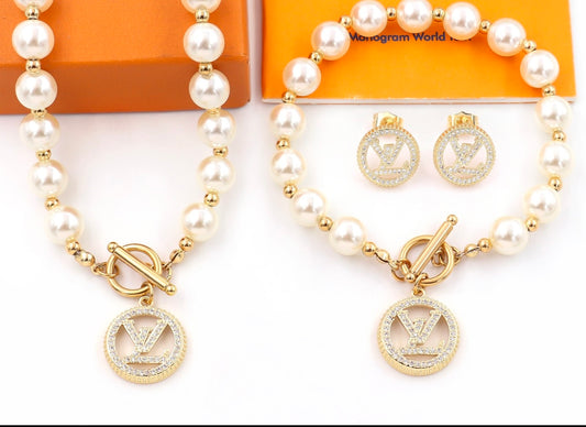Pearl L and V Necklace,Earings and Bracelet Set
