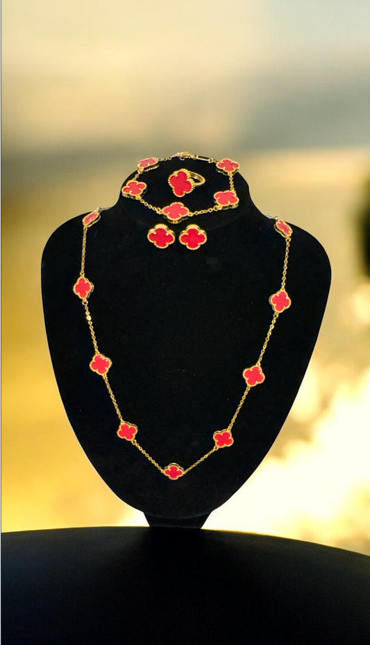 Pink Clover Necklace,Earings and Adjustable Ring Set