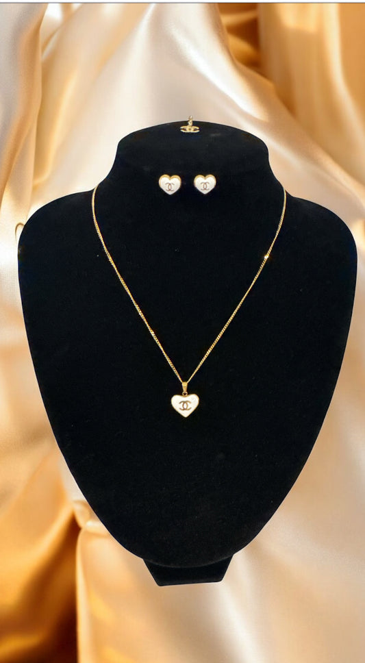 White Heart CC Necklace and Stud Set