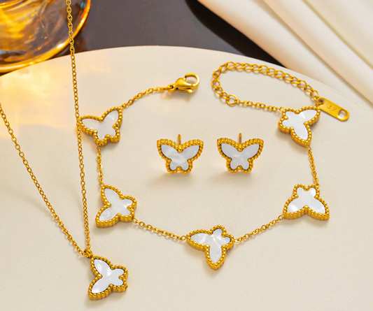 White Butterfly Necklace,Earings and Bracelet Set